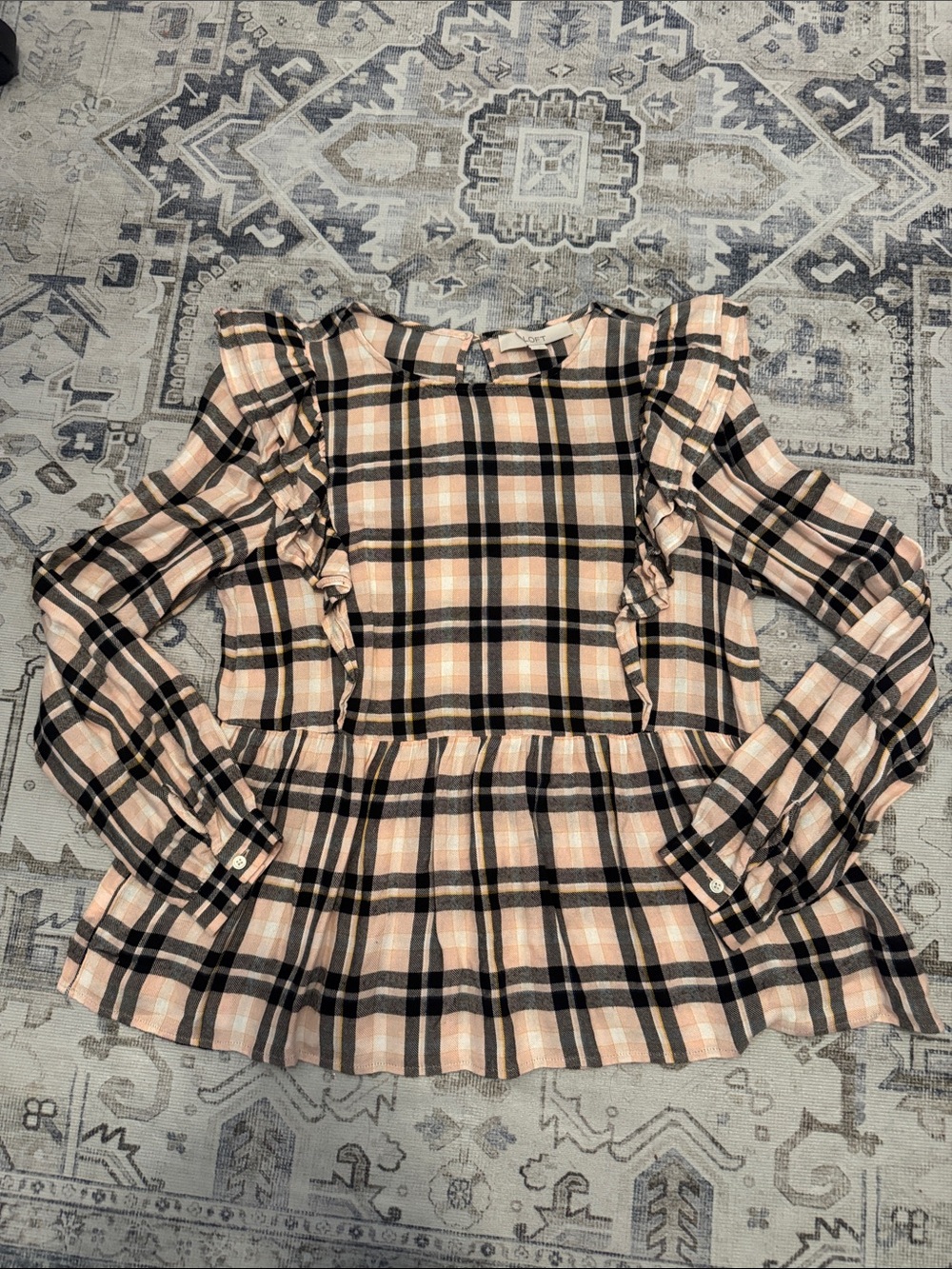 LOFT Small cream Black Plaid Ruffle Peplum Blouse Long Sleeve